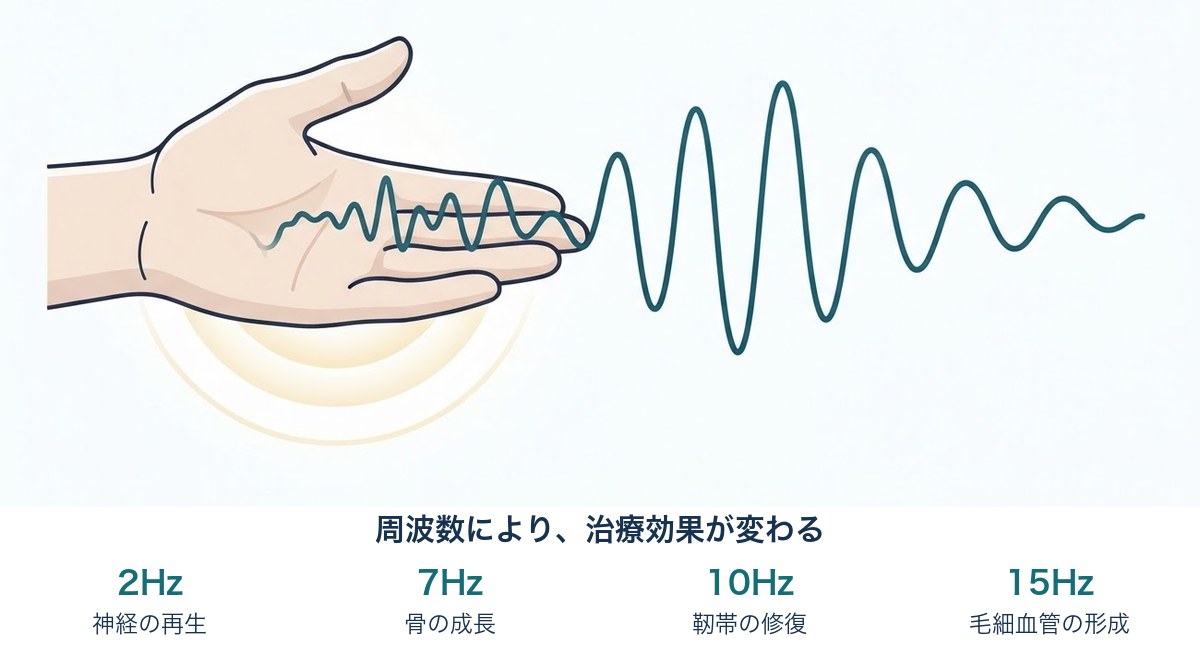 施術者の手から出る磁気の波のイラスト。周波数により治療効果が変わる